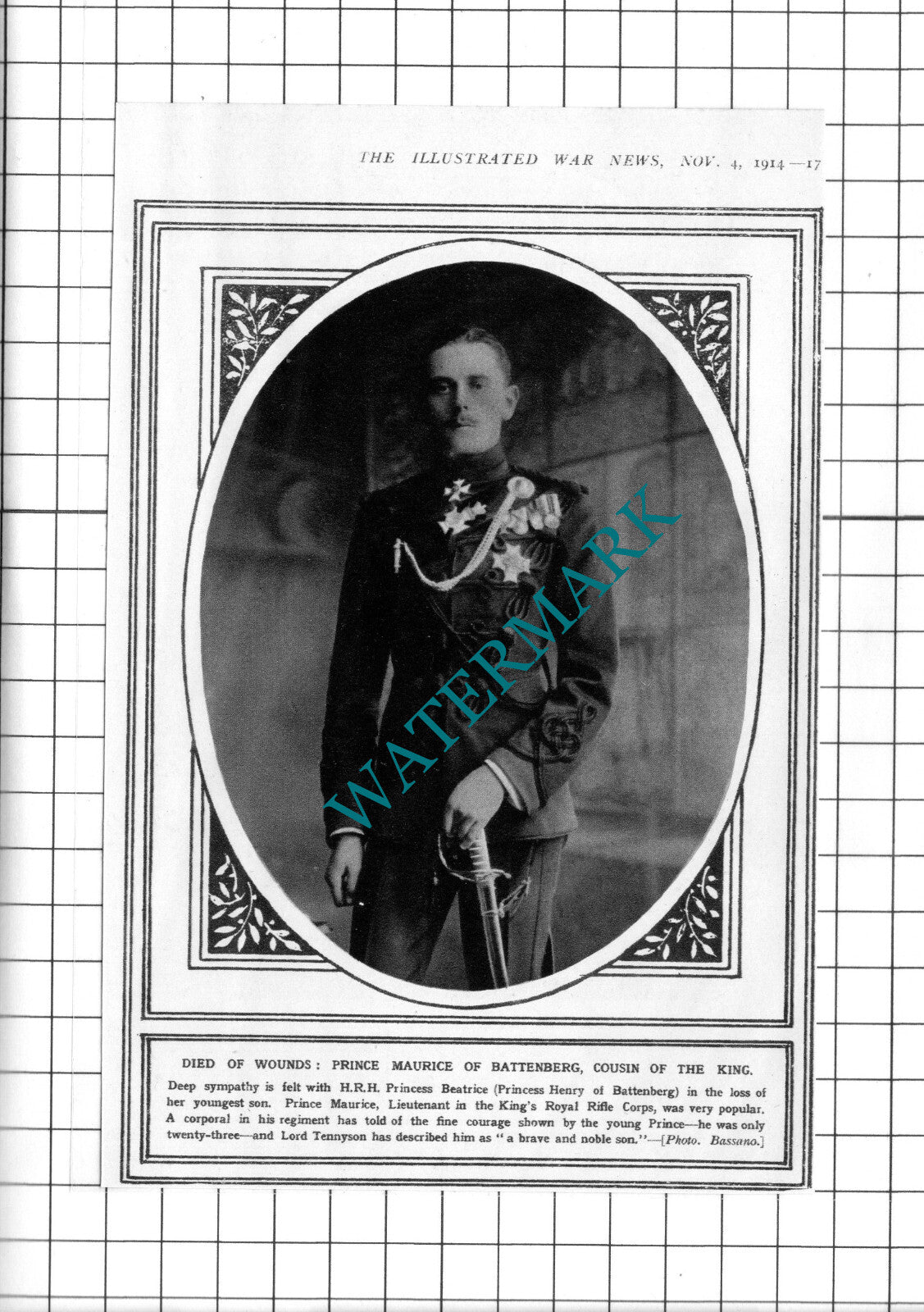 Prince Maurice of Battenberg WW1 Great War - 1914 Clipping
