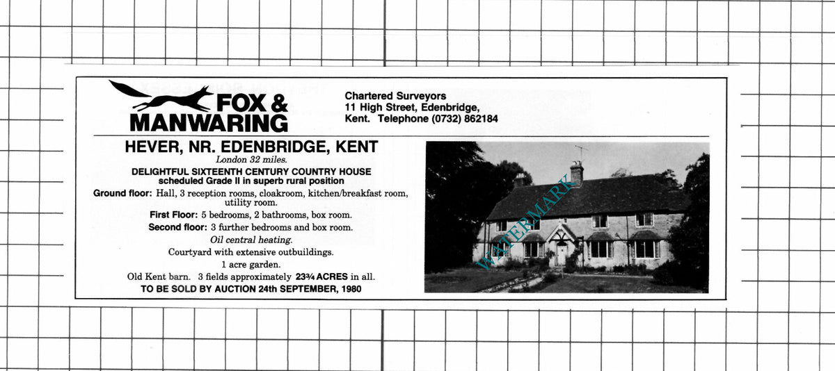 Hever Kent House Sale Advert - 1980 Clipping / Print