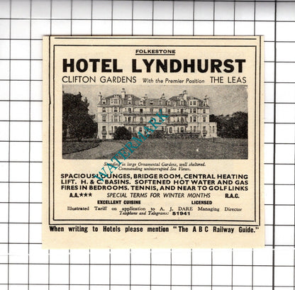 Greystone Hotel Folkestone Squire-Cross / Lyndhurst AJ Dare Advert -1958 Cutting