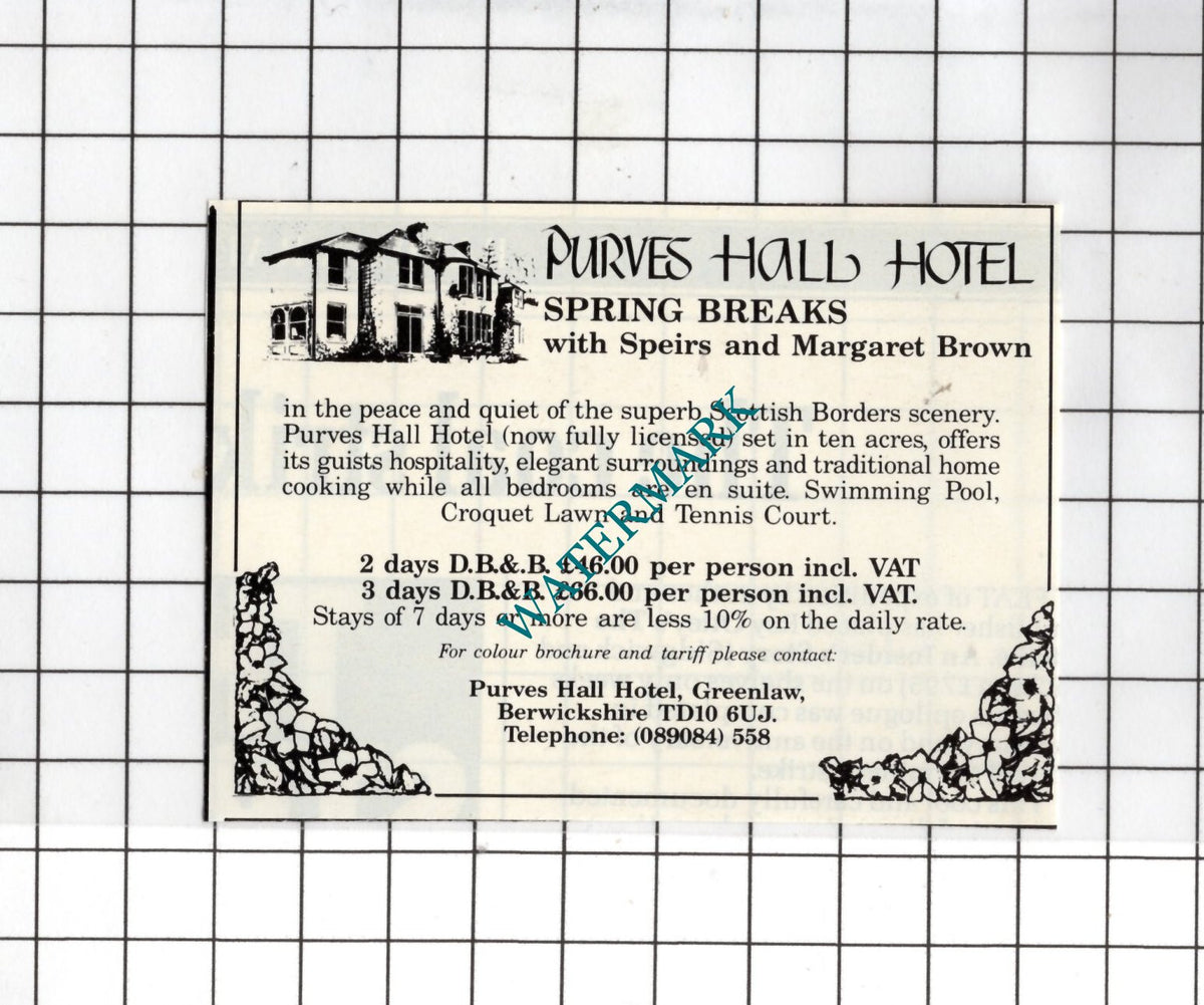 Purves Hall Hotel Greenlaw Berwickshire Speirs Brown Small Advert -1985 Clipping