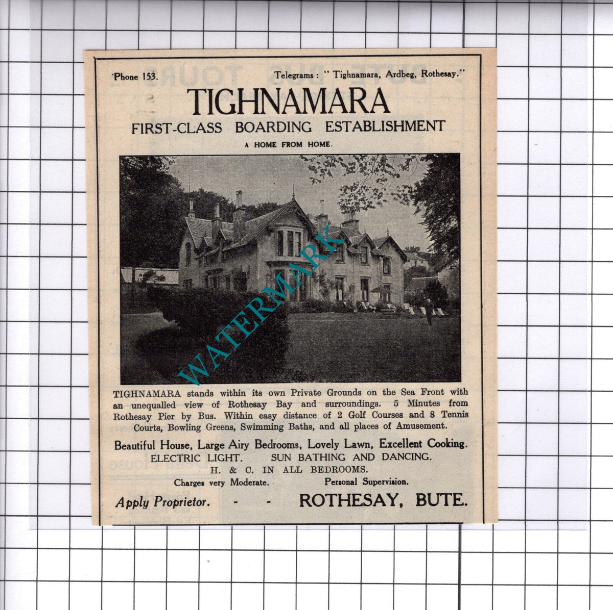 Tighnamara Boarding House Rothesay Bute Advert - 1939 Cutting/ Print