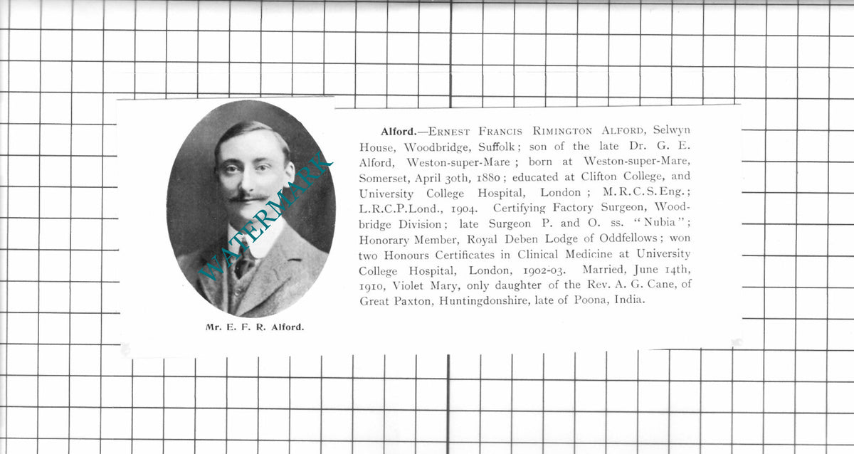 Ernest Francis Rimington Alford Woodbridge Suffolk -  1911 Clipping / Print