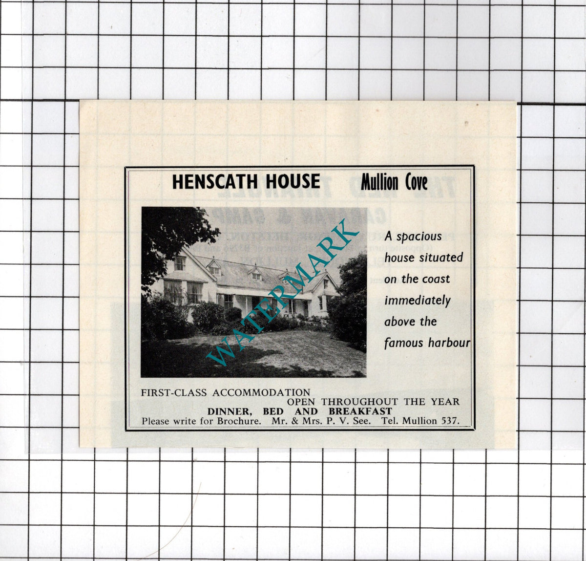 Henscath House Mullion Cornwall  Mrs PV See - c.1969 Small Advert