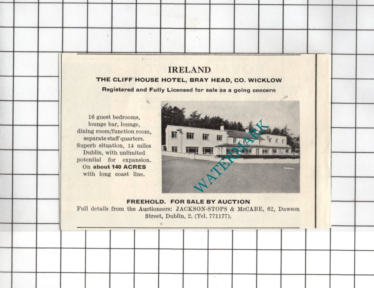 The Cliff House Hotel Bray Head Co Wicklow Ireland SMALL House Sale Advert -1967