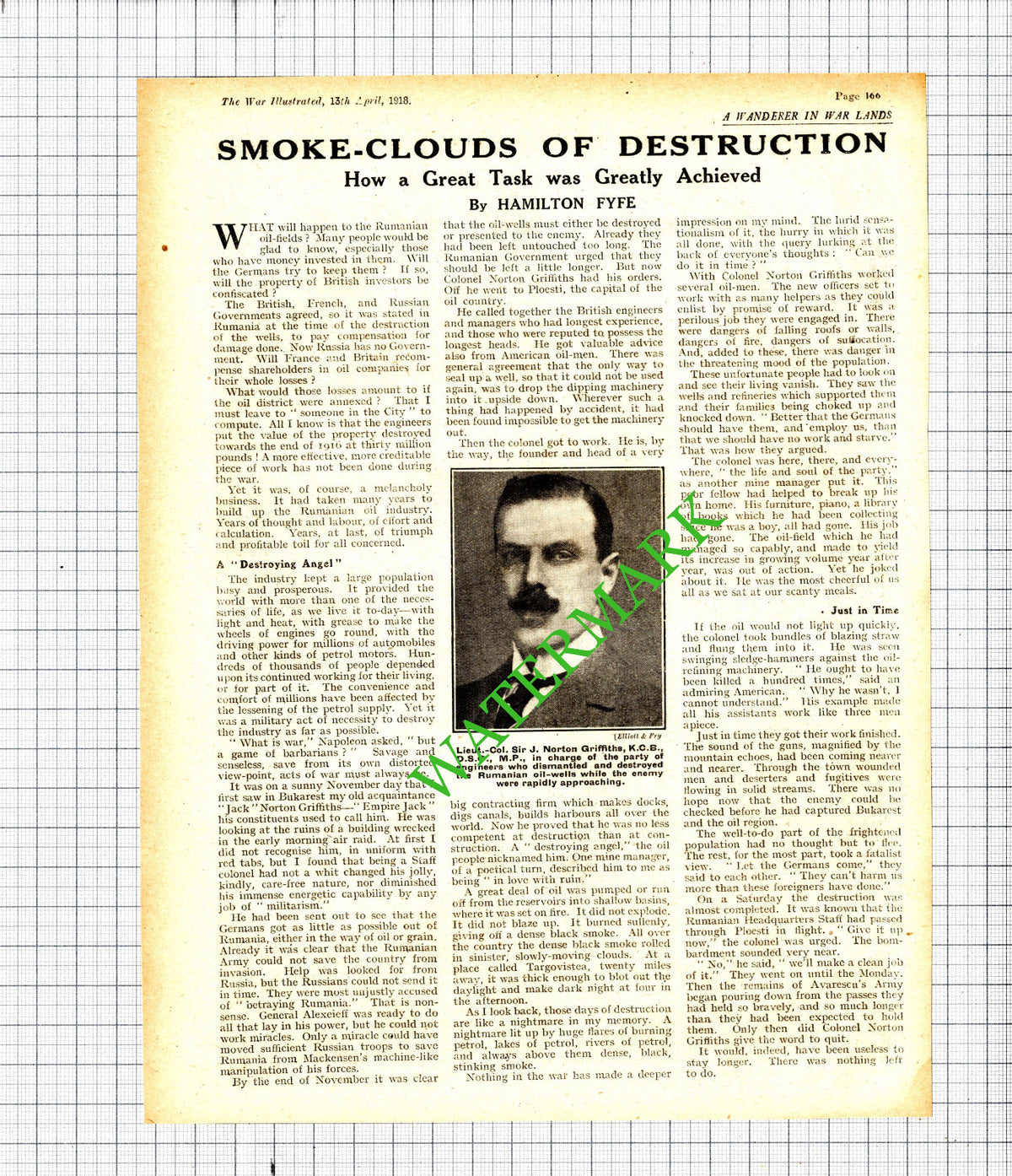 Lt Col Sir J Norton Griffiths Rumanian Oil Fields Great War WW1- 1918 Cutting