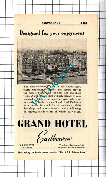 Hydro Hotel Eastbourne  Hornsby / Grand Hotel Beattie Advert - 1958 Cutting