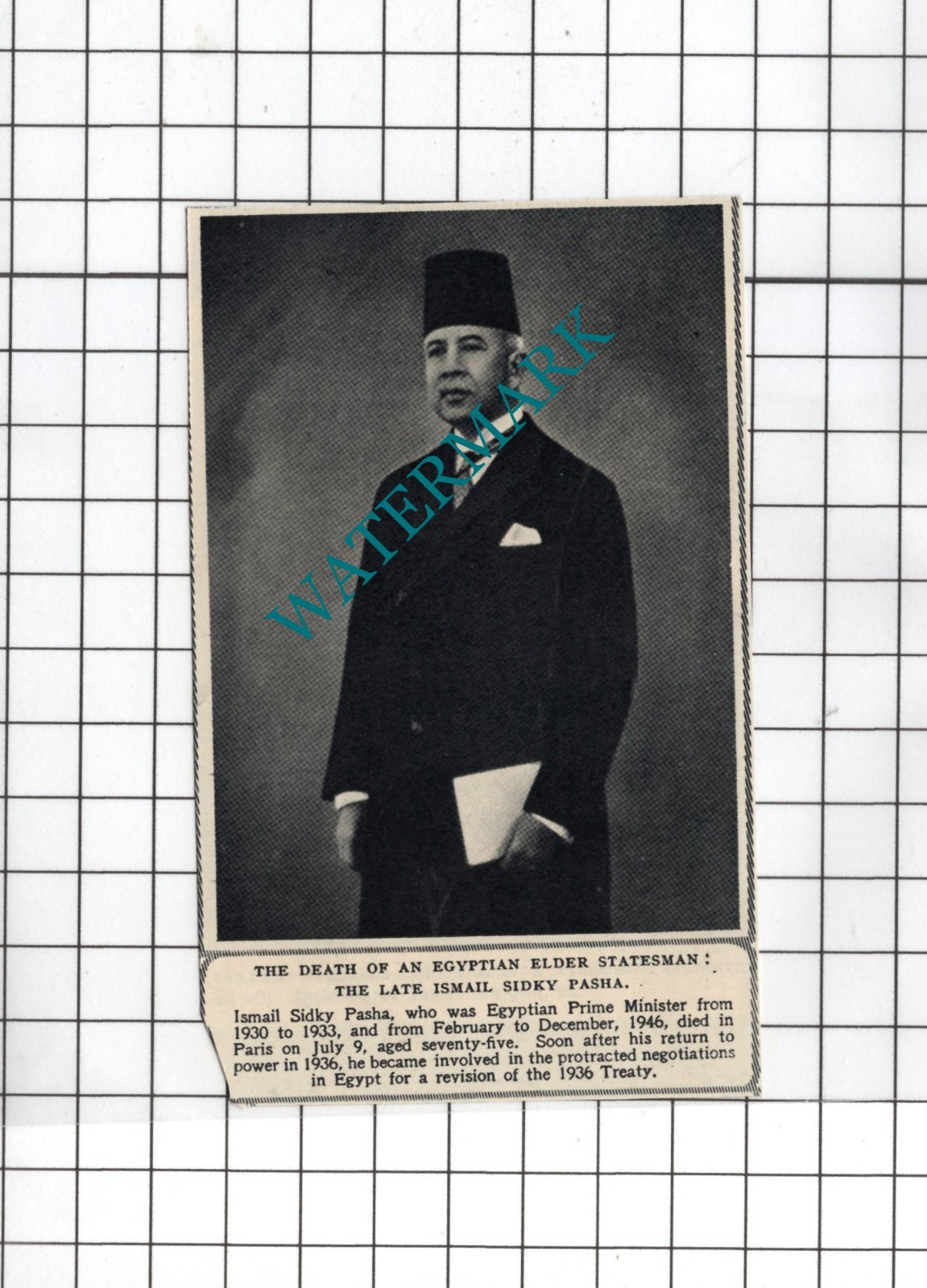 Ismail Sidky Pasha Obituary -   1950 Small  Clipping