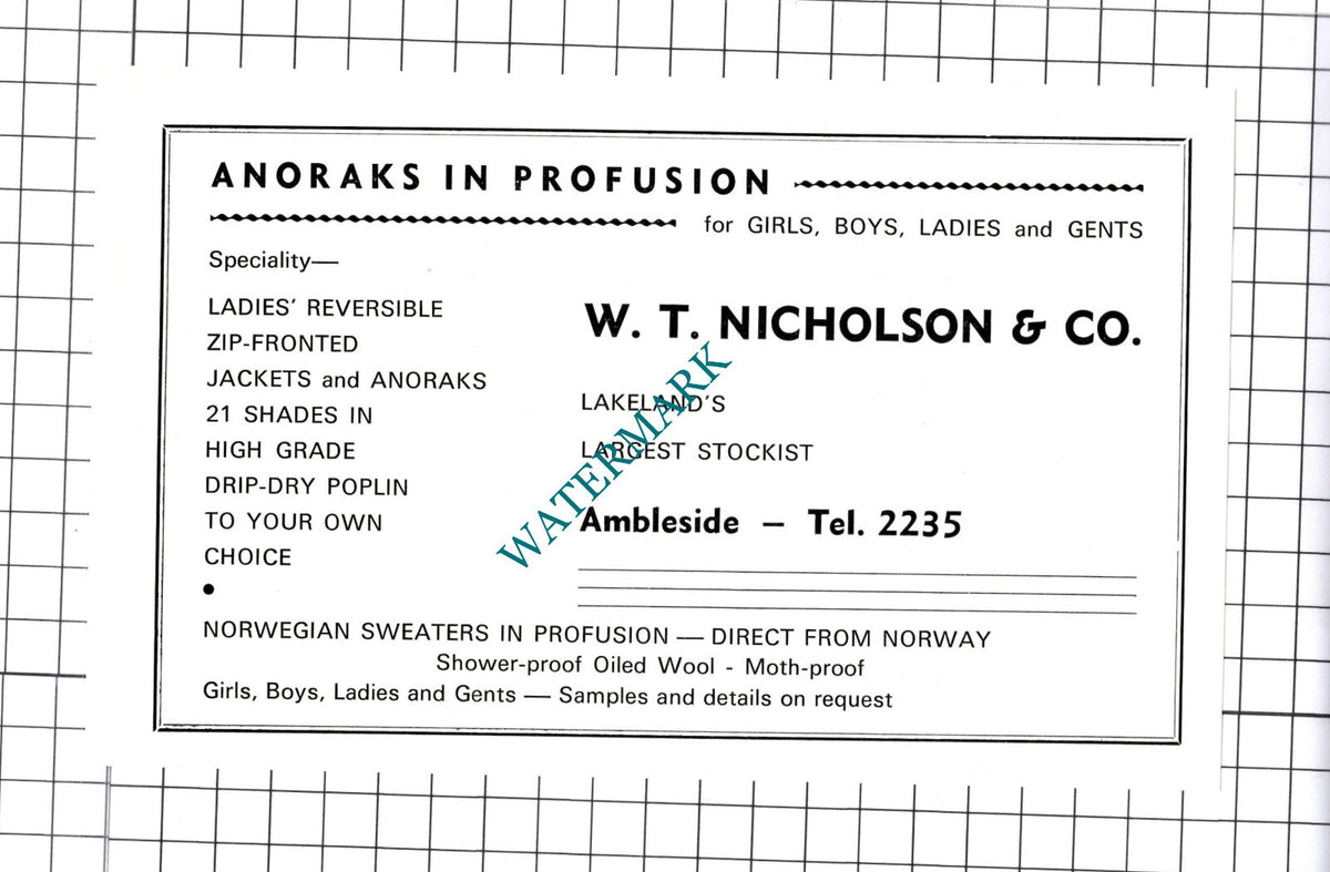 W T Nicholson & Co Ambleside Advert - c.1968 Cutting