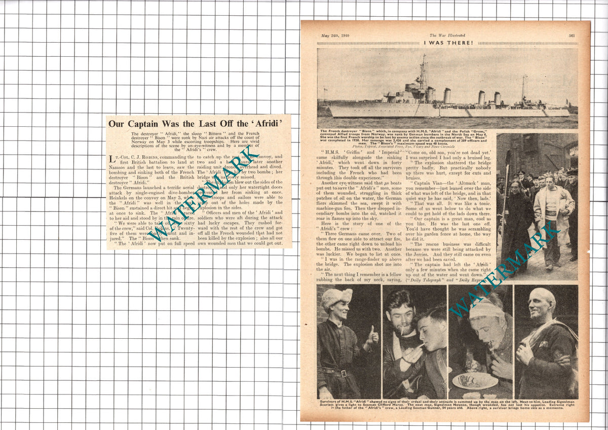 ALFRIDI Destroyer Ship Lt Col C J Robins Clifford Harey WW2-1940 2-Part Clipping