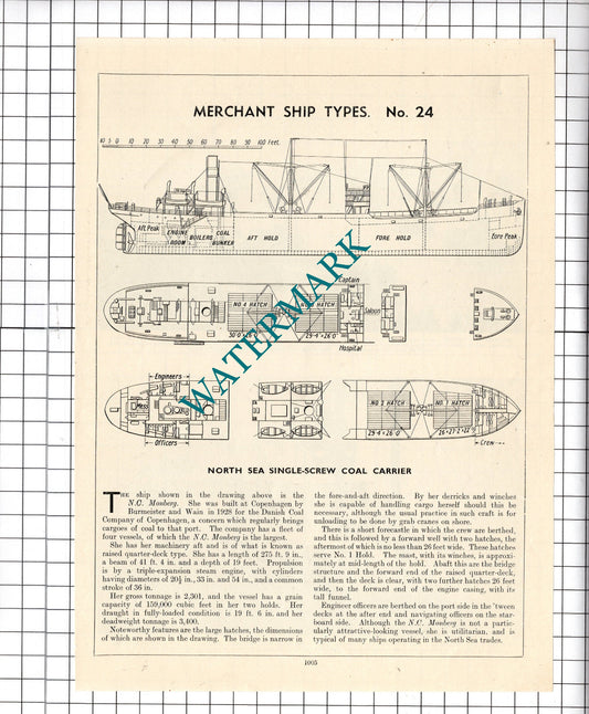 N C MONBERG Ship Diagram Coal Carrier - c.1940's Cutting / Print