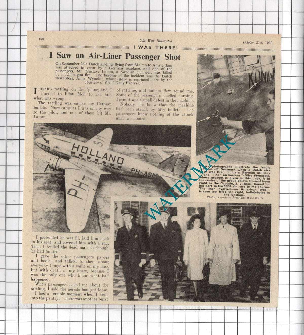 Anny Wynoldt Mr Gustave Lamm  Captain JJ Moll Plane WW2  - 1939 News Clipping