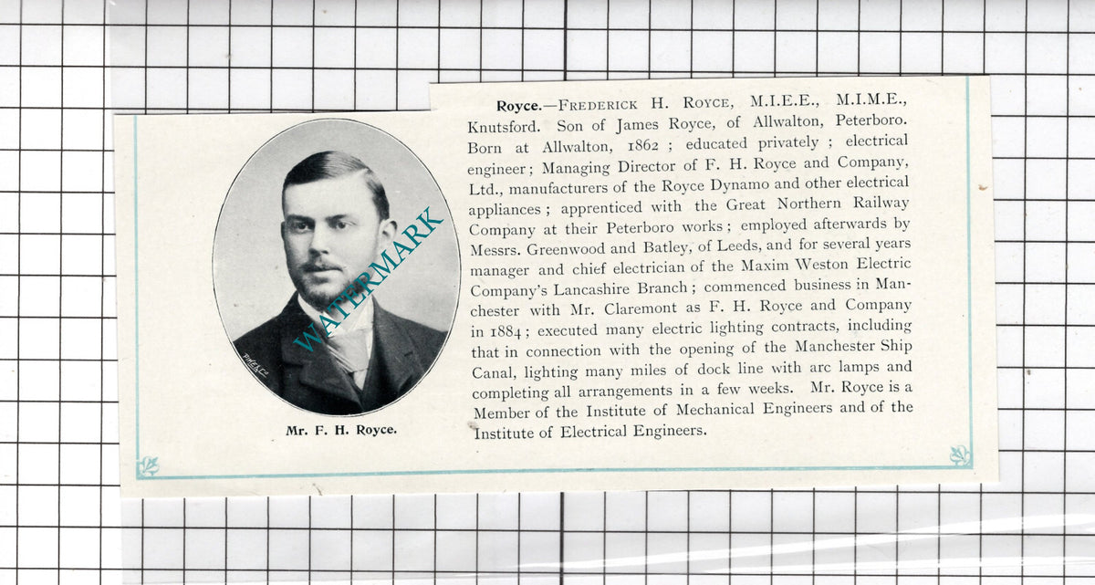 Frederick H Royce Knutsford Cheshire Allwalton F H Royce & Co  - c.1900 Cutting