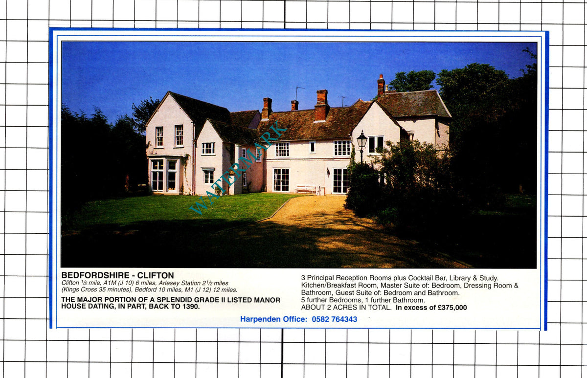 Clifton Bedfordshire Manor House Sale Advert - 1991 Clipping / Print