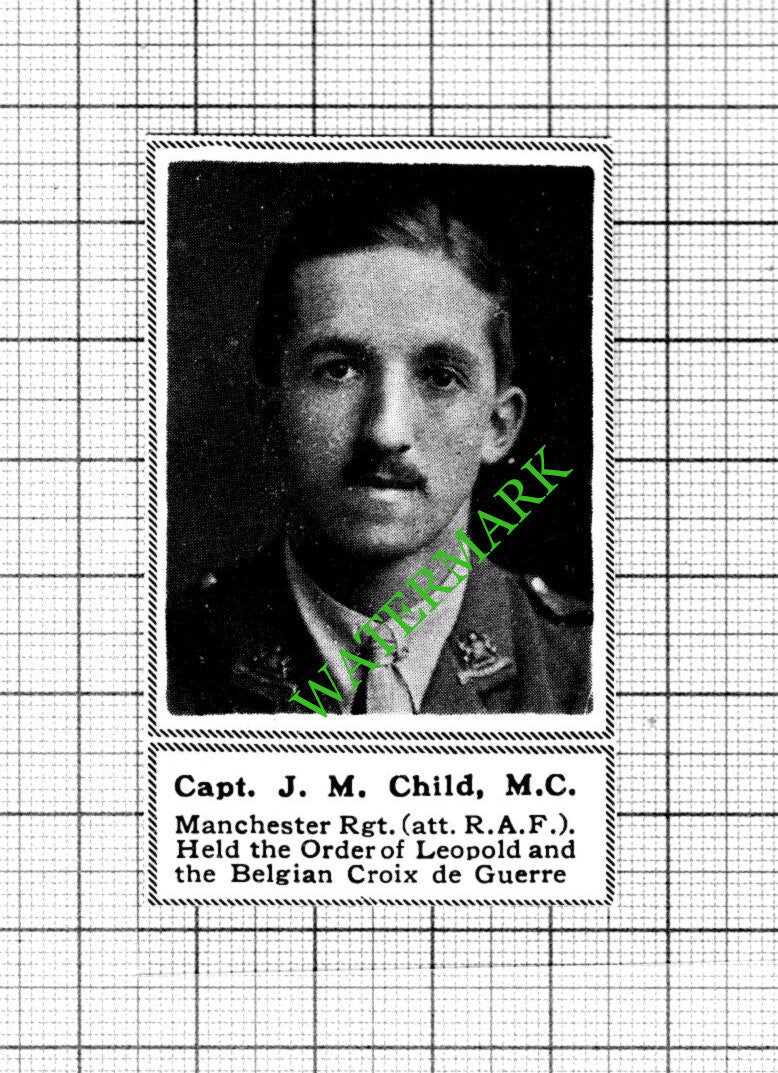 Captain J M Child Manchester Regiment Great War WW1 - 1918 SMALL Cutting