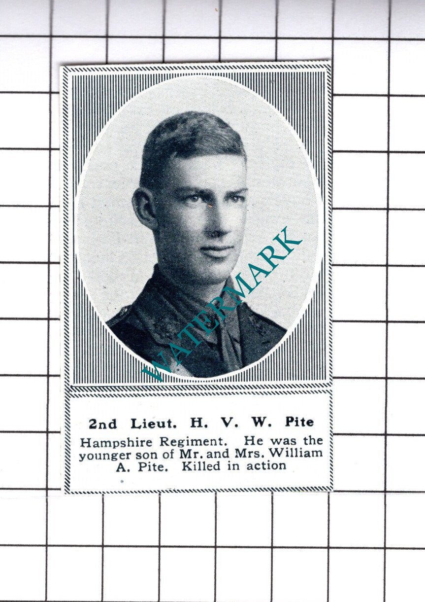 2nd Lt H V W Pite Hampshire Regiment Great War  WW1  - 1919 SMALL Cutting
