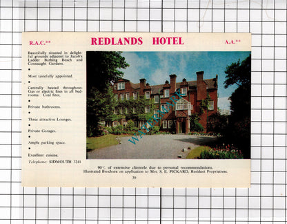 Redlands Hotel Sidmouth Devon Pickard  / Sunny Dell Hotel Harrop  - 1968 ADVERT