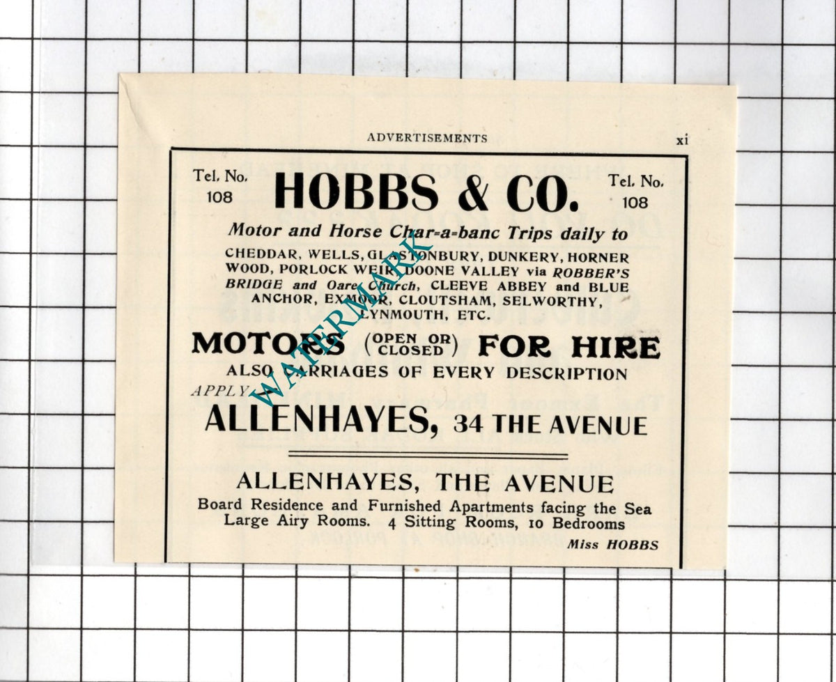 Hobbs & Co Allenhayes 34 The Avenue Minehead Somerset - c.1923 Small Advert
