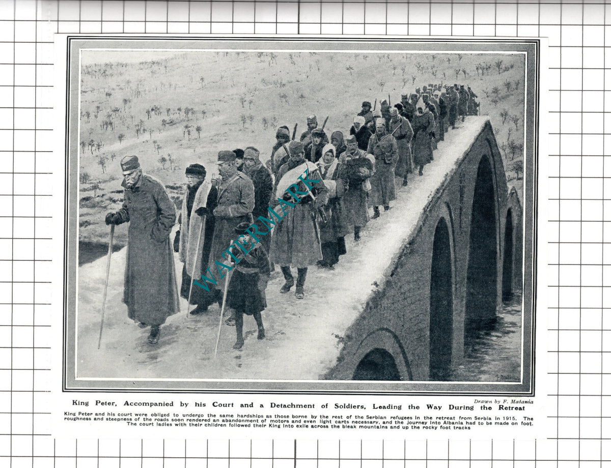 King Peter Serbian Retreat  Serbia Great War  WW1 - 1919 Cutting