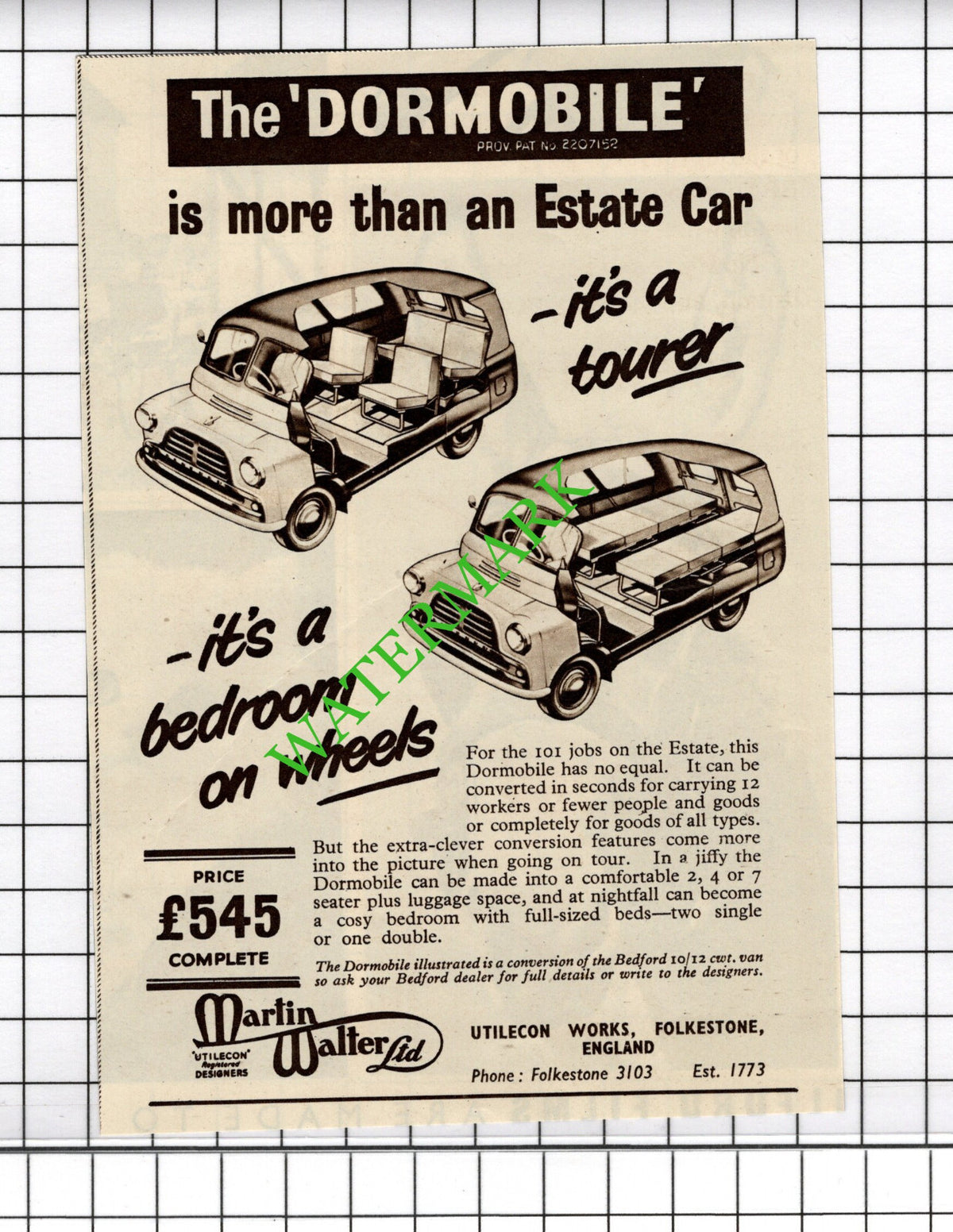 Dormobile Advert  -  c.1954 Small Cutting