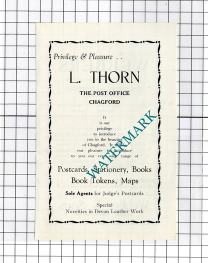 Webber & Sons Chagford Devon / L Thorn Post Office Chagford  -c.1940s Advert