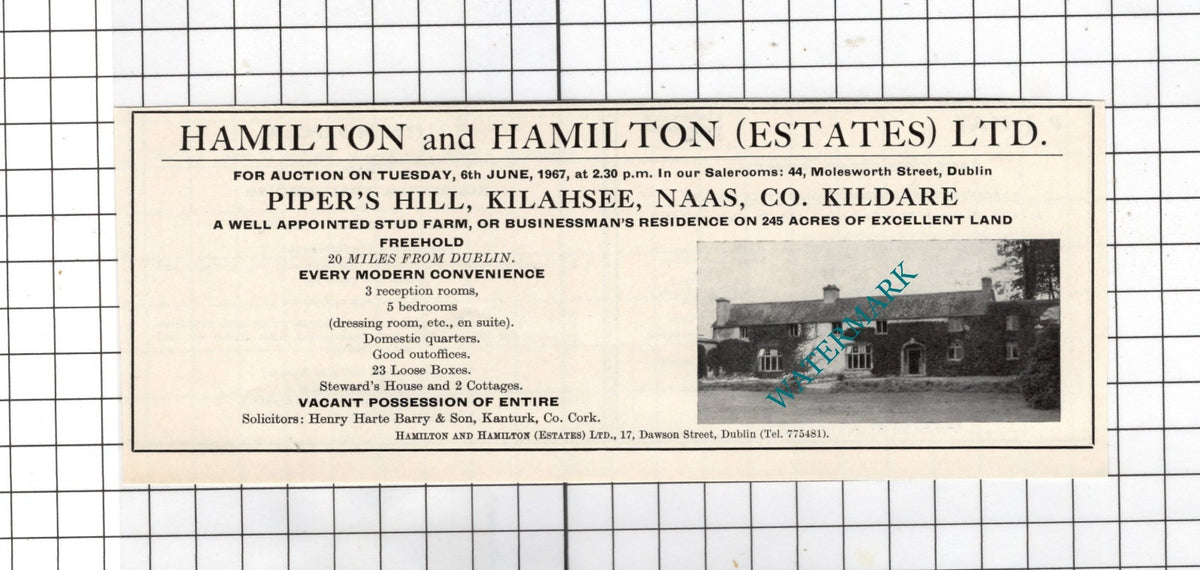 Piper's Hill Kilahsee Naas Co Kildare Ireland  - 1967 House Sale Advert