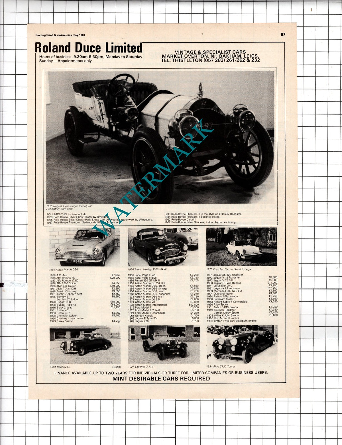 Roland Duce Ltd Vintage Cars Market Overton Leicestershire  - 1981 Advert
