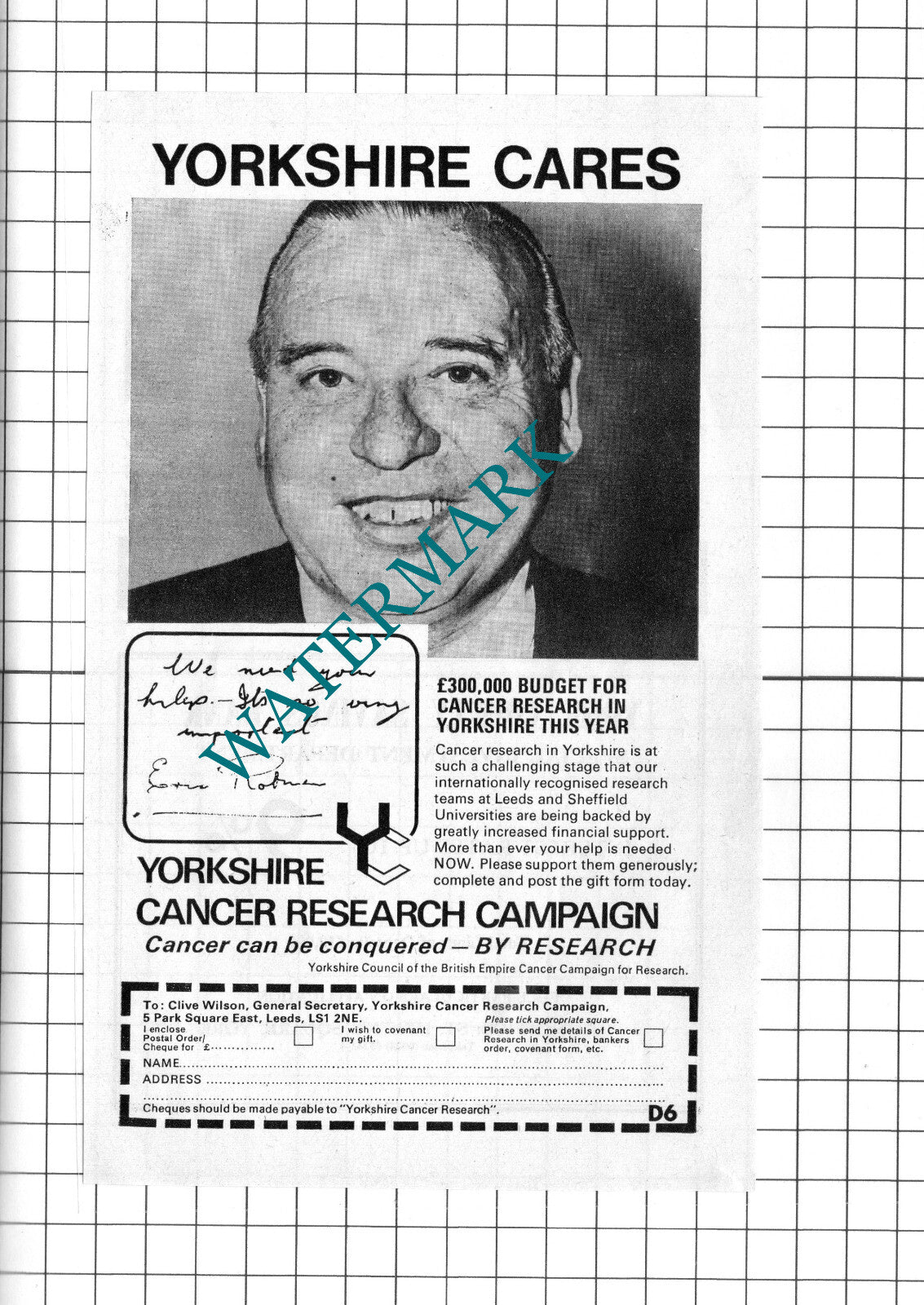 Eric Robinson Yorshire Cancer Research Advert  - 1974 Clipping