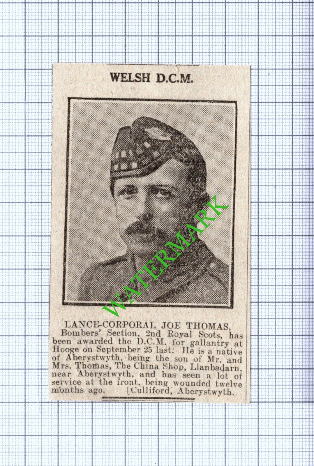 Ln Corp Joe Thomas 2nd Royal Scots Aberystwyth Llanbadarn -   1916 News Cutting