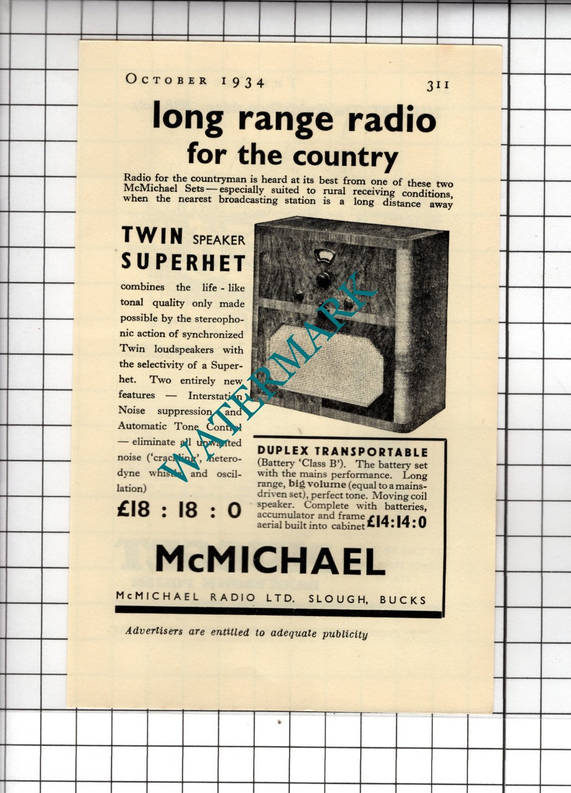 McMichael Radio Ltd Slough Bucks / Nugget Shoe Polish Italy ADVERT- 1934  Advert