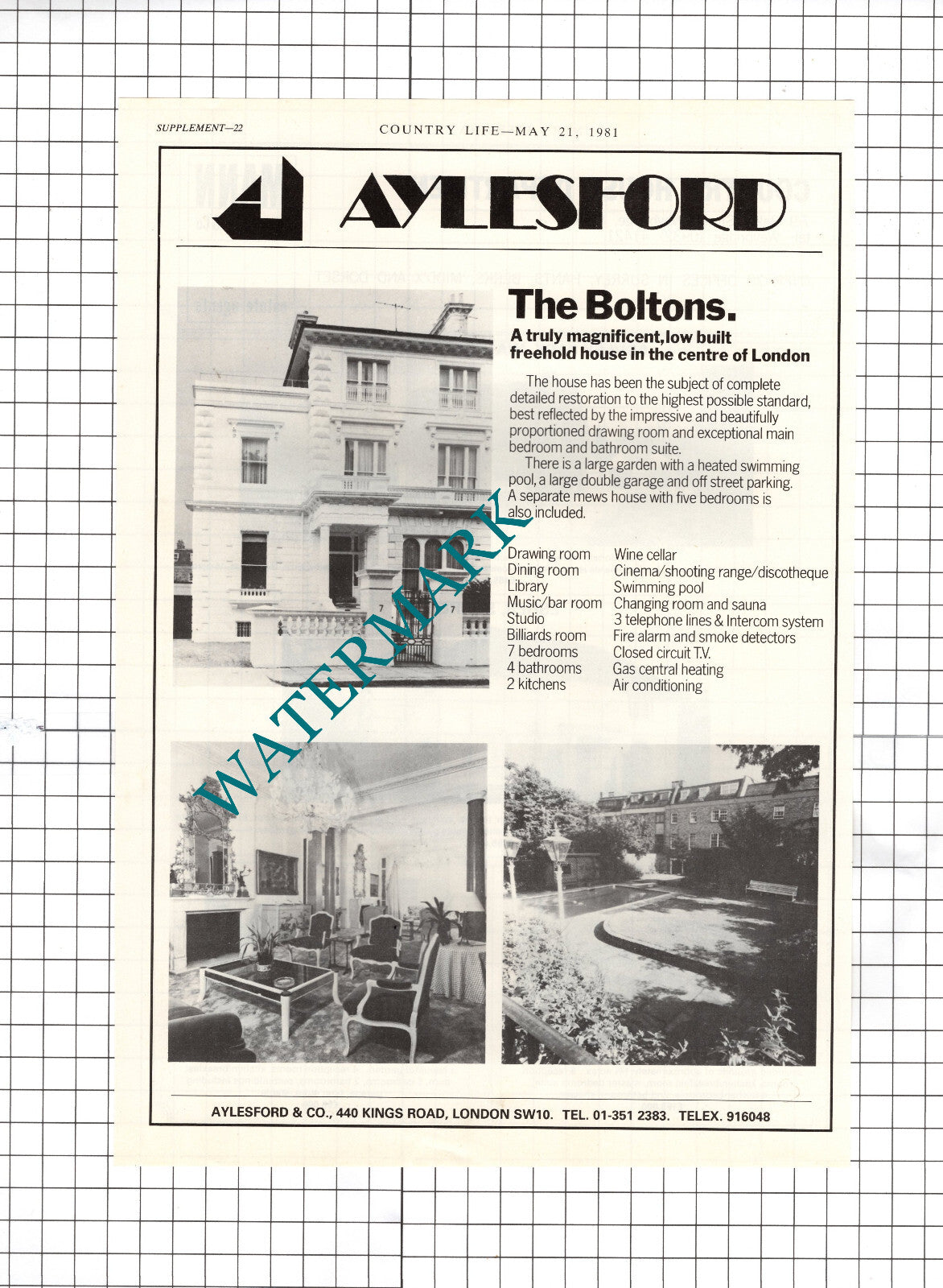 The Boltons London House Sale Advert - 1981 Cutting