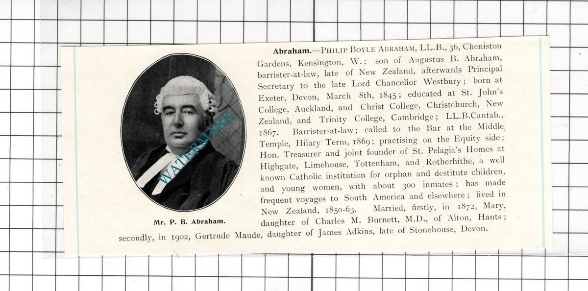 Philip Boyle Abraham 36 Cheniston Gardens Kensington London - 1905 Clipping