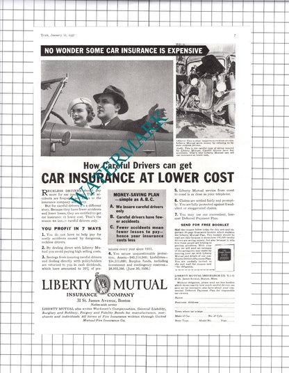 Liberty Mutual Insurance Company / Parke Davis Detroit Advert - 1937 Clipping