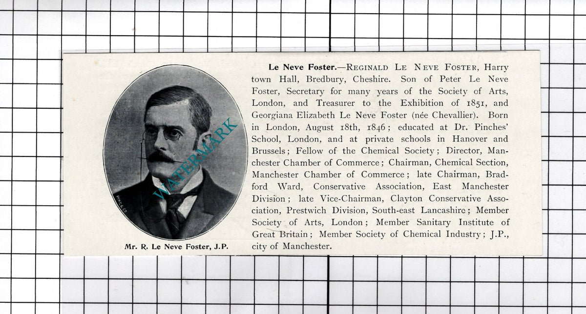Mr Reginald Le Neve Foster Harrytown Hall Bredbury Cheshire - c.1900 Cutting
