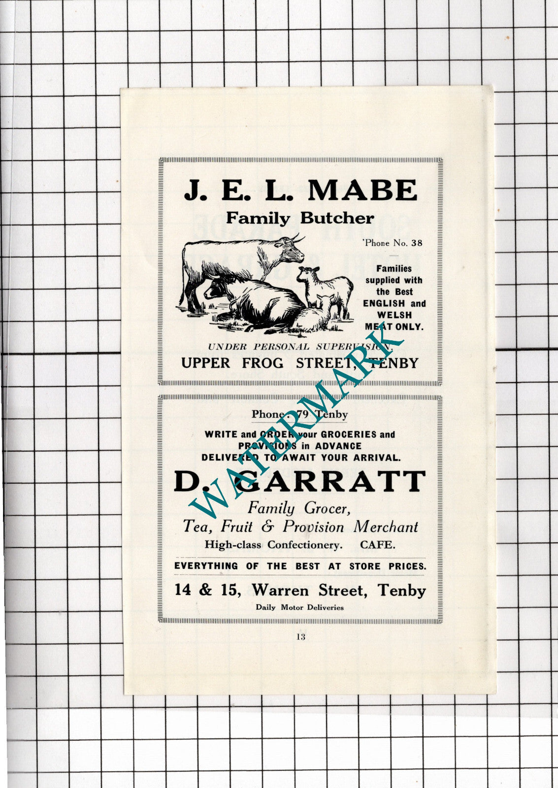 J E L Mabe Butcher Tenby Wales D Garratt Grocer Small Advert - 1936 Clipping
