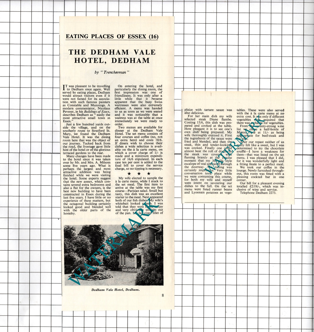 The Dedham Vale Hotel Dedham Essex Mr & Mrs Milsom - 1964 2-Part Cutting