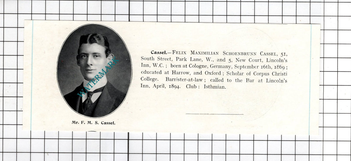 Benjamin Arther Cohen / Felix Maximilian Schoenbrunn Cassel - c.1905 Clipping