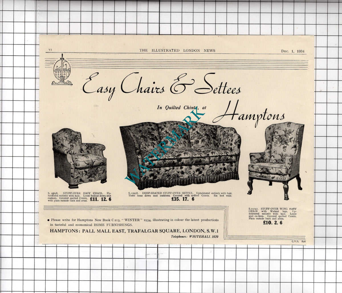 Hamptons Pall Mall London Settees Chairs  - 1934  Advert
