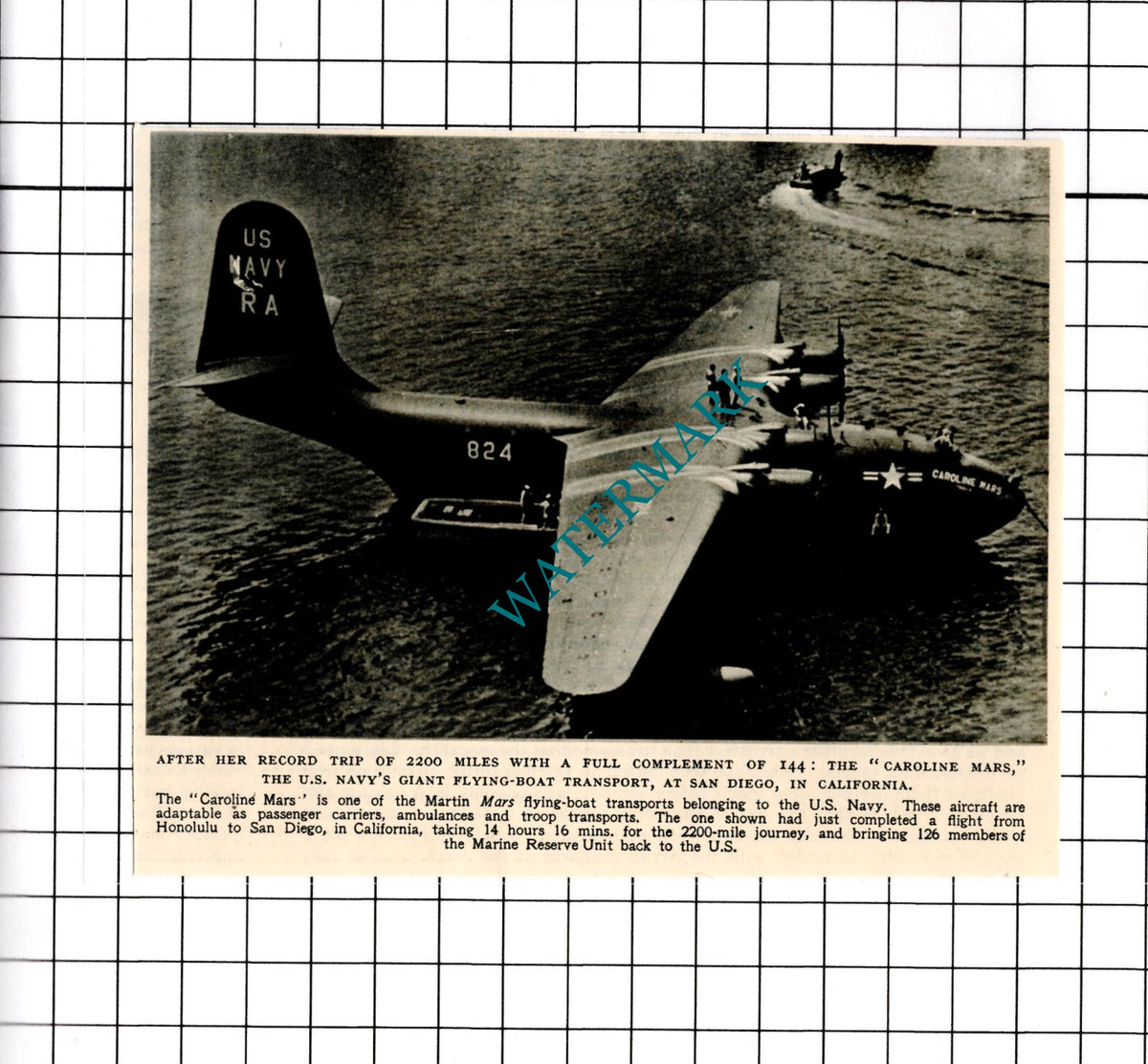 The Caroline Mars US Navy Flying Boat  - 1950 Small Clipping / Print