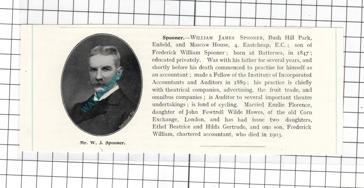 Mr William James Spooner Bush Hill Park Enfield Battersea  - c.1905 Clipping