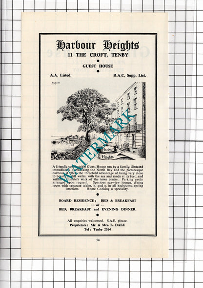 Harbour Heights Hotel Tenby Wales Dale / Giltar House Tenby  Robins -1962 ADVERT