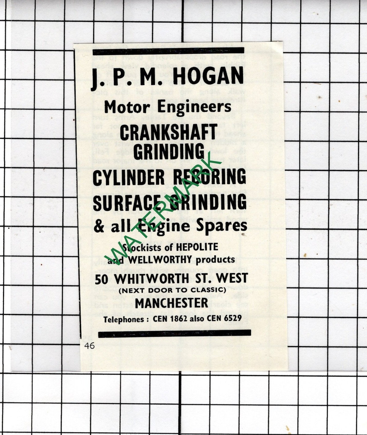 J P M Hogan Motor Engineers Manchester  - 1965 Small Advert