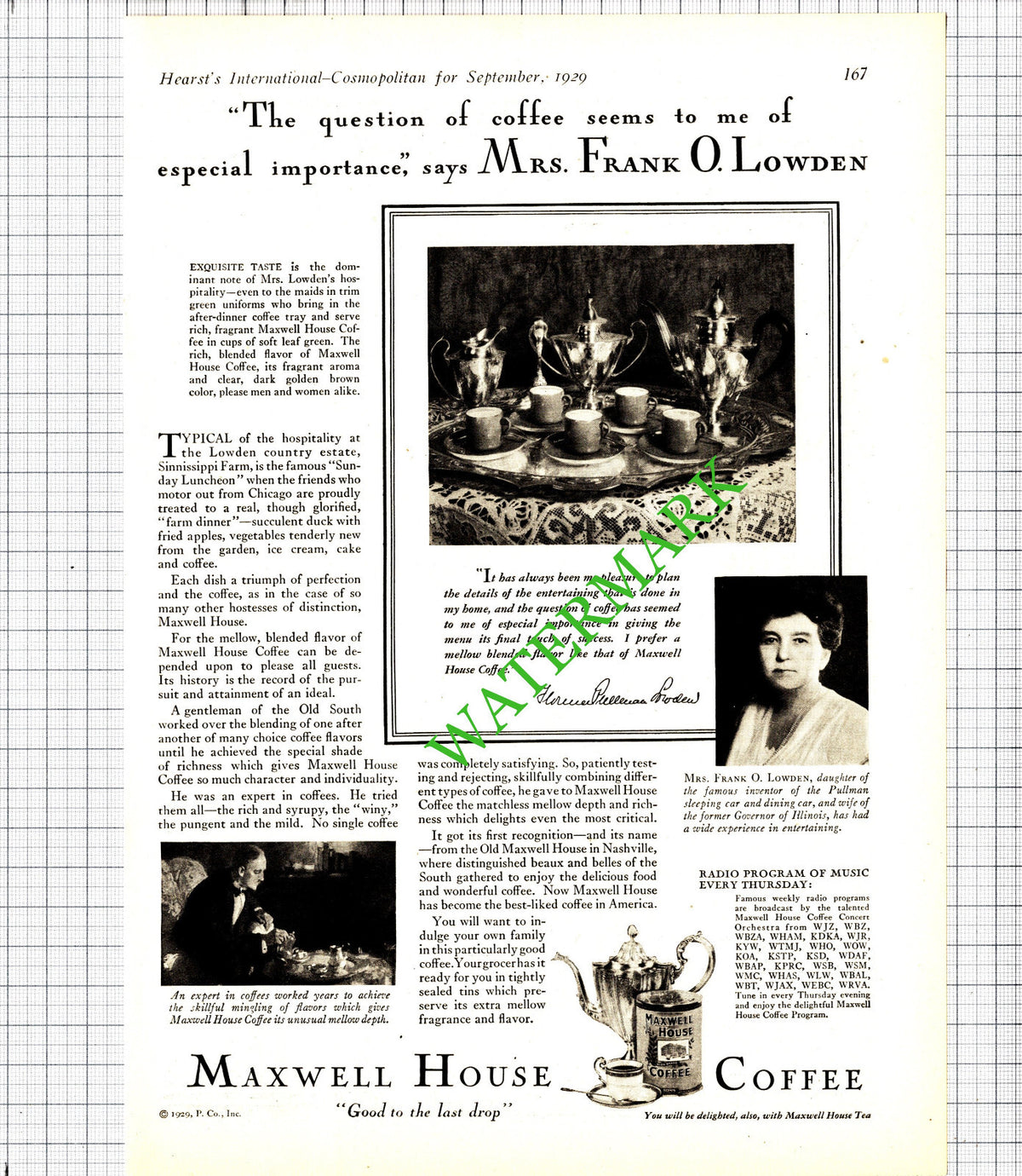Mrs Frank O Lowden Florence Pullman Lowden Maxwell House  ADVERT  - 1929 Cutting