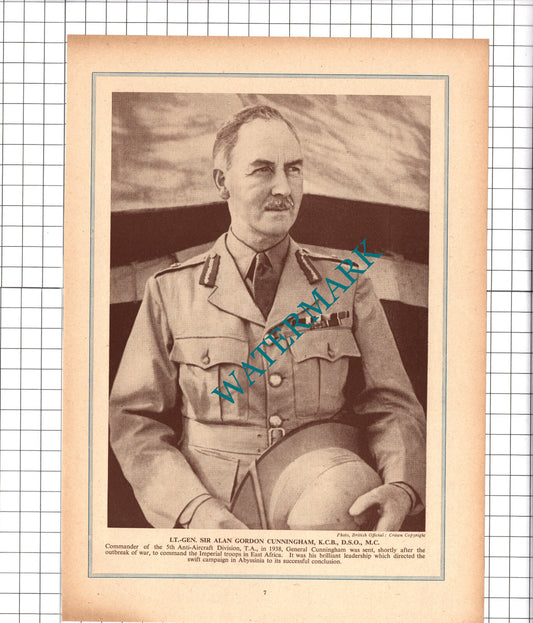 Lt Gen Sir Alan Gordon Cunningham   World War Two - 1941 News Clipping / Print