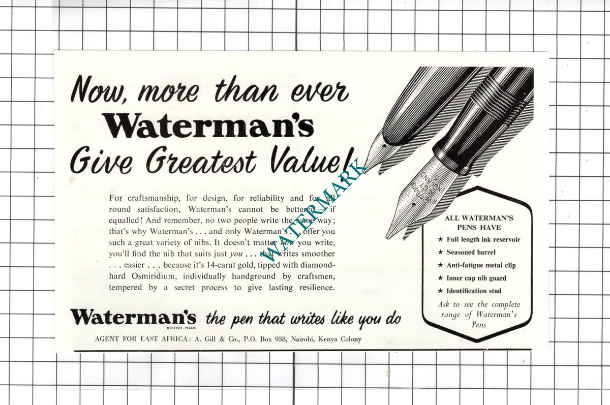 Waterman's Pens Nairobi Kenya East Africa  - 1951 Advert