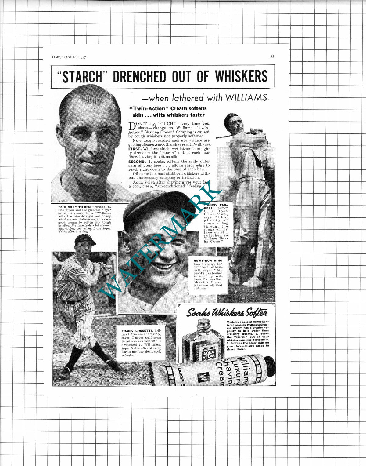 Big Bill Tilden Johnny Farrell Golf Frank Crosetti Williams Shaving  1937 Advert