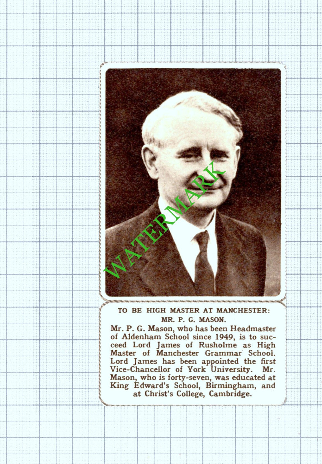 Aldenham School Manchester Mr P G Mason - 1961 Small Cutting