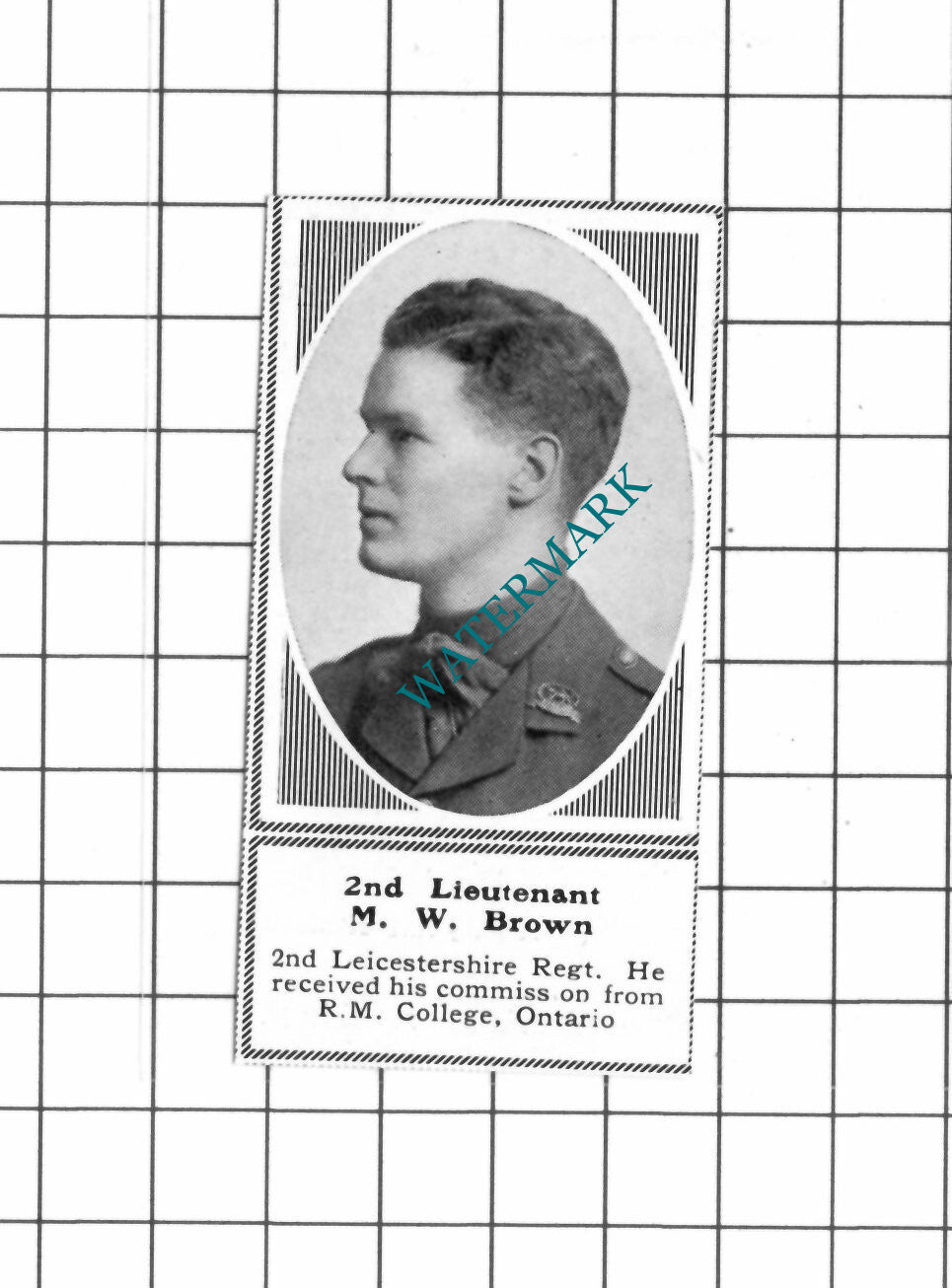 2nd Lt M W Brown 2nd Leicestershire Regiment WW1 -c.1918 SMALL Clipping / Print