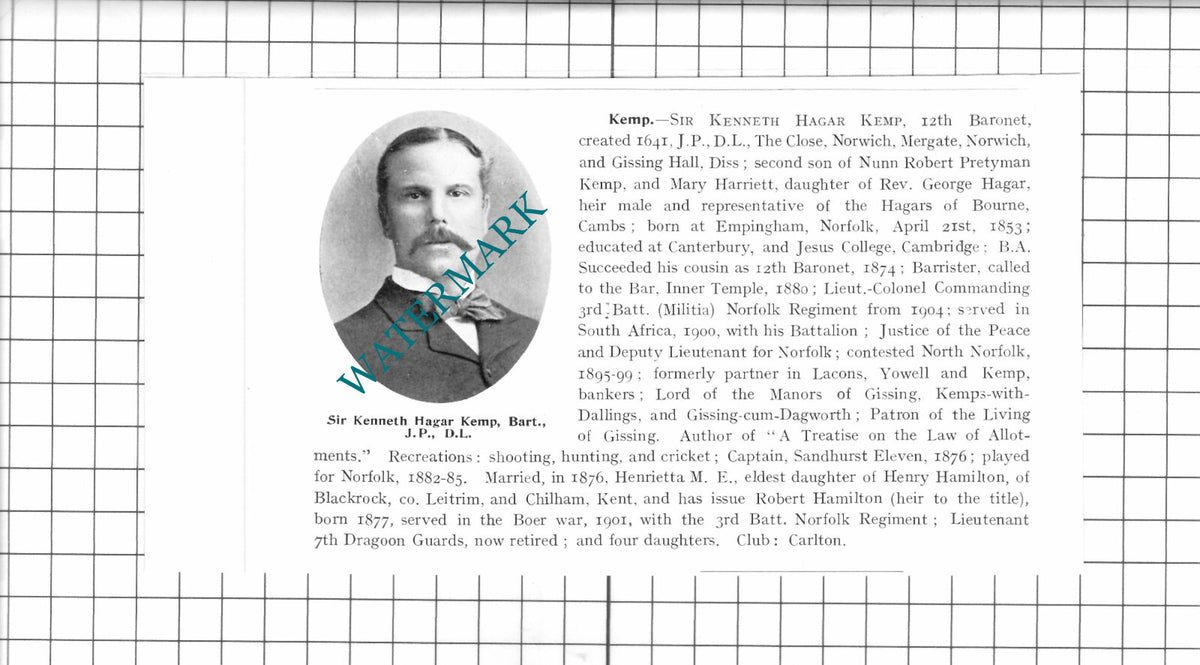 Sir Kenneth Hagar Kemp The Close Norwich Gissing Hall - 1911 Clipping
