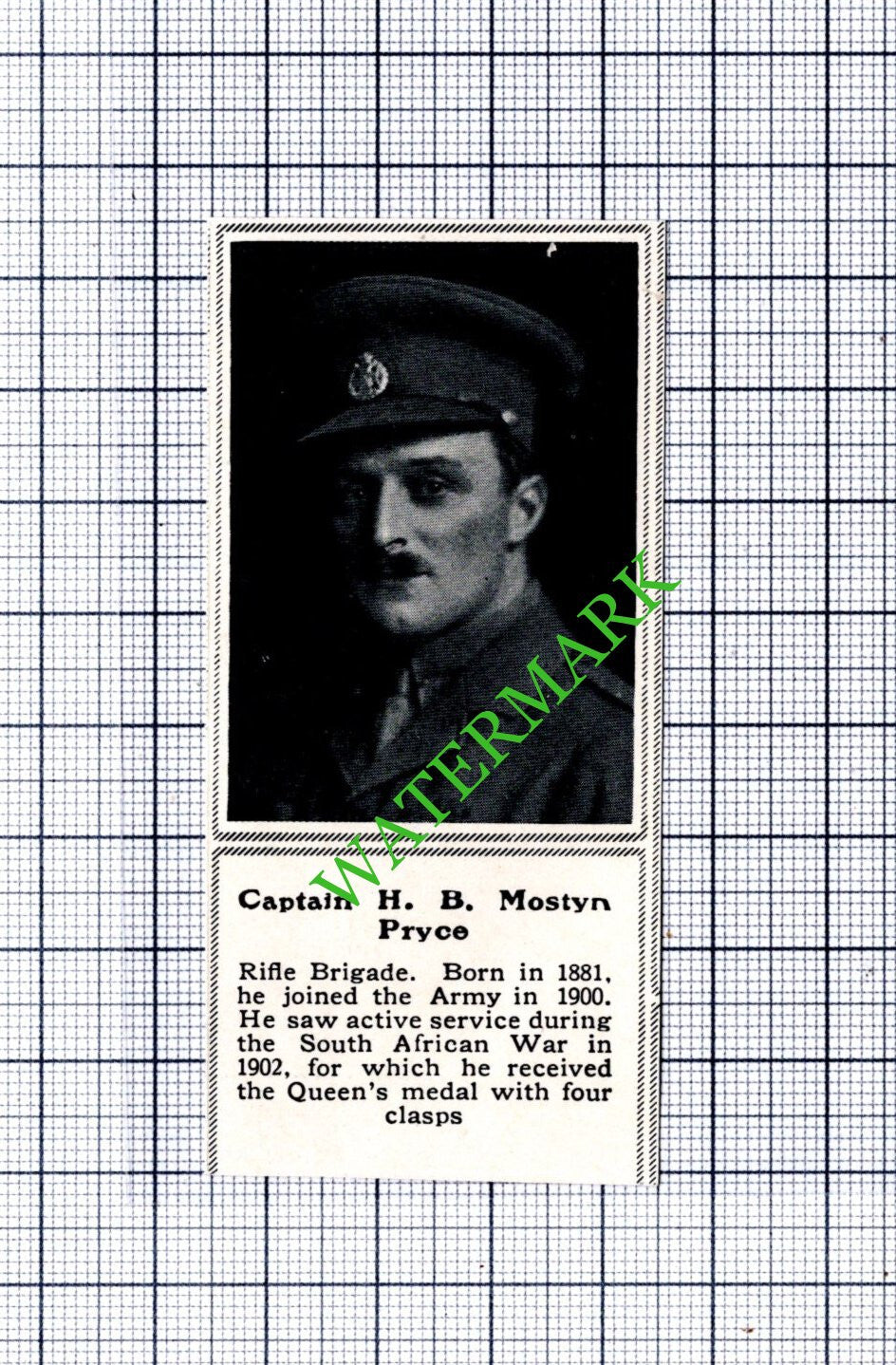 Captain H B Mostyn Pryce Rifle Brigade WW1 - 1915 SMALL Cutting