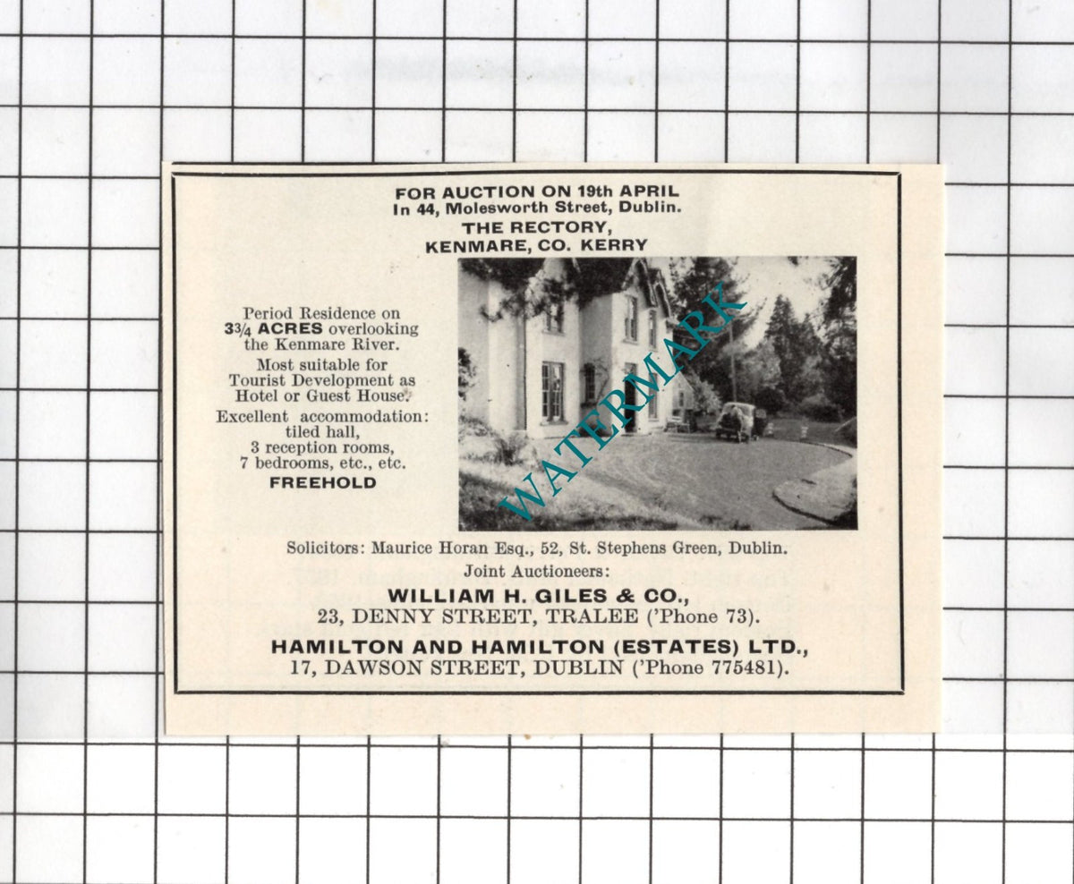 The Rectory Kenmare Co Kerry Ireland SMALL House Sale Advert- 1967